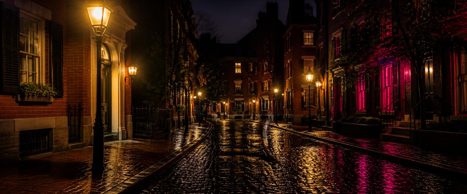 A Tampa brownstone street glowing at night