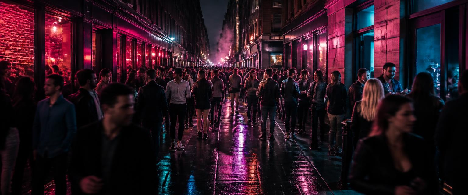 A packed Tampa night street outside the bars
